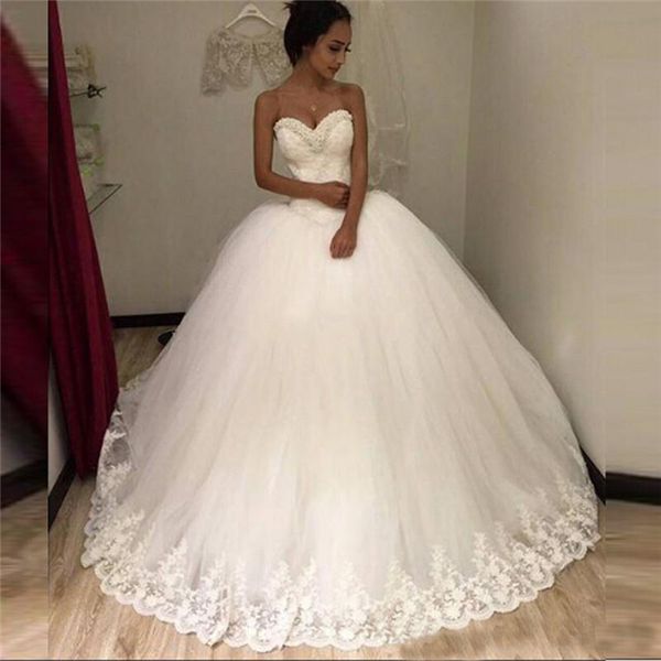 

lace ball gown wedding dress sweetheart neck court train lace appliques tulle bridal gowns custom made, White