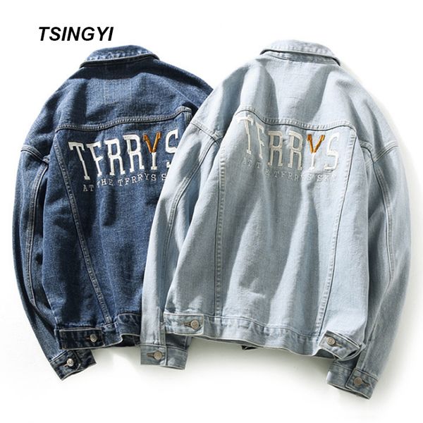 

tsingyi embroidery letter tfrrys vintage white wash women men denim jacket turn-down collar long sleeve men bomber jeans jacket, Black;brown
