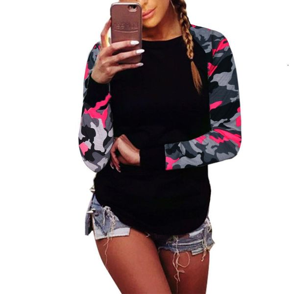 Autumn 2018 Trendy Women Patchwork Long Sleeve Army Camouflage T Shirt Tops Round Neck T Shirts Tops Tees Plus Size 5XL 6Q0453