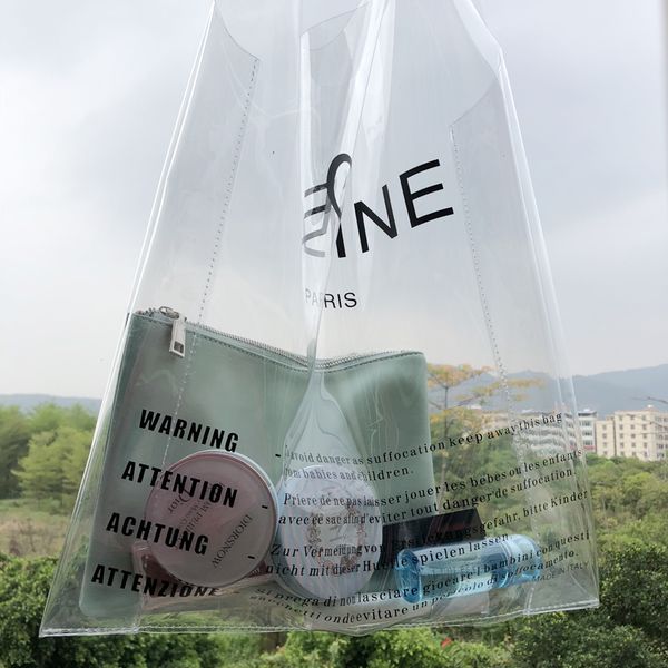 

2018 luxury brand Logo Clear PVC Tote Bag Large Transparent Plastic Beach Bags Women Summer Bags Fashion 2PCS wholesale dropship