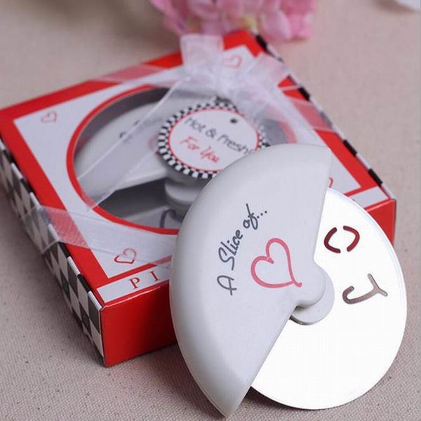 

100 pcs "a slice of love" stainless steel pizza cutter in miniature pizza box wedding favors and gifts for guest