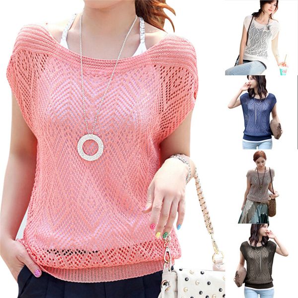 

women summer loose hollow out short batwing sleeve knit tee shirt women cover, White