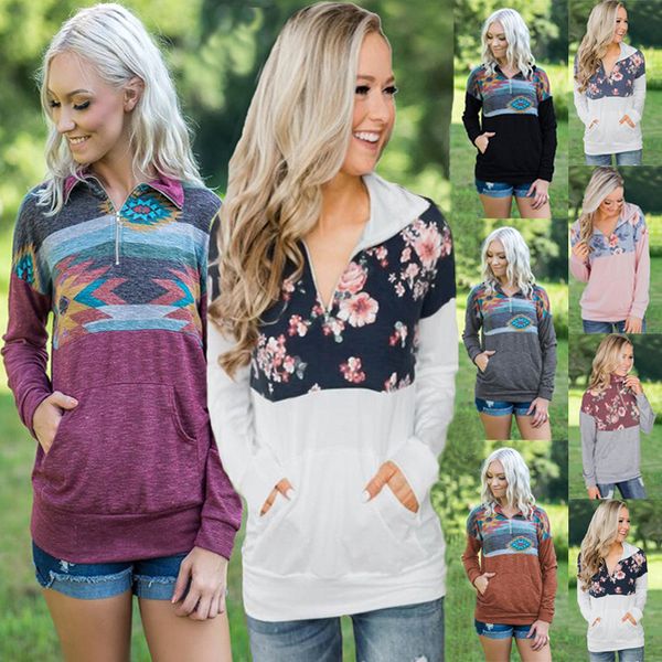 

geometric floral patchwork print hoodie autumn winter fashion sweatshirt long sleeve turn-down collar zipper pullover cny806, Black