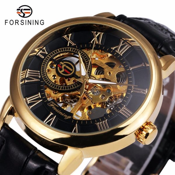 

2018 FORSINING 3D Logo Black Gold Men Mechanical Watch Montre Homme Man Watches Top Brand Luxury Leather WINNER Skeleton Design C19032501