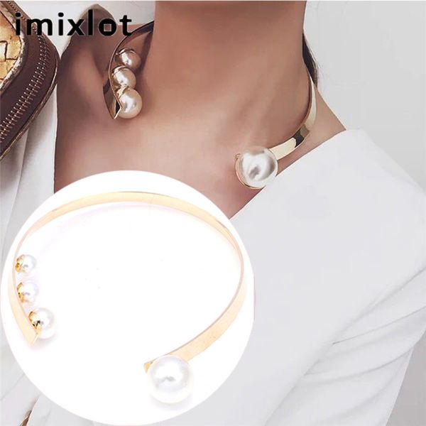 

imixlot exaggerated imitation pearl gold modern collar clavicle chain female round statement necklace jewelry, Golden;silver