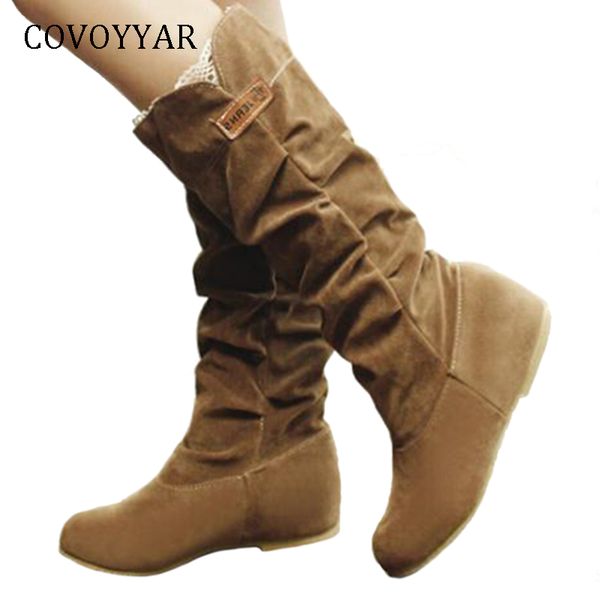 

covoyyar 2018 flock women boots autumn lace pleated mid-calf boots concise hidden heel winter shoes women big sizes 34-43 wbs271, Black