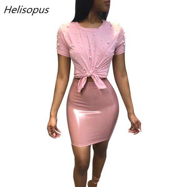 

helisopus women summer two piece set short sleeve beaded t-shirt and bodycon pu skirt two pieces set, White