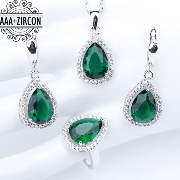 

wedding 925 sterling silver costume jewelry sets for women green zircon rings necklace pendant earrings with stones set gift box