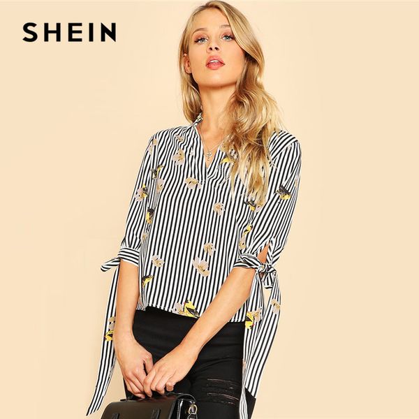 

shein bow tied cuff striped, floral, animal mixed print women v-neck half sleeve asymmetrical blouse spring casual blouse, White