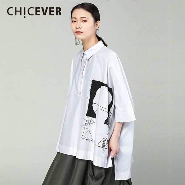 

chicever spring black asymmetric women's shirt blouses abstract pattern nine quarter sleeve loose shirts blouse clothes new, White