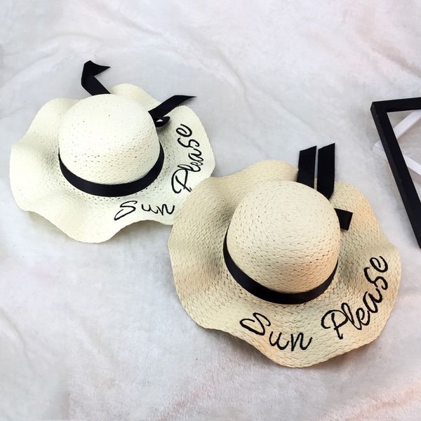 

summer spring wave wide brim straw hats embroidery letter sun hats for women black bow-knot summer hat casual sun cap beach hat, Blue;gray
