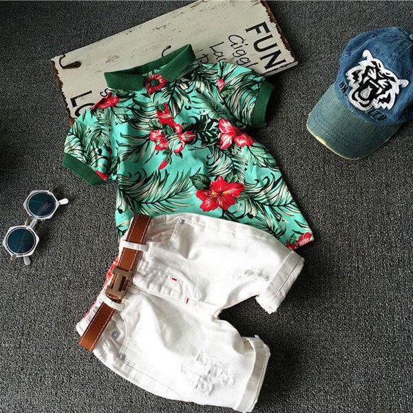 

2pcs toddler kids baby boy fashion sets flower shirt + white short pants outfits cotton summer clothing set
