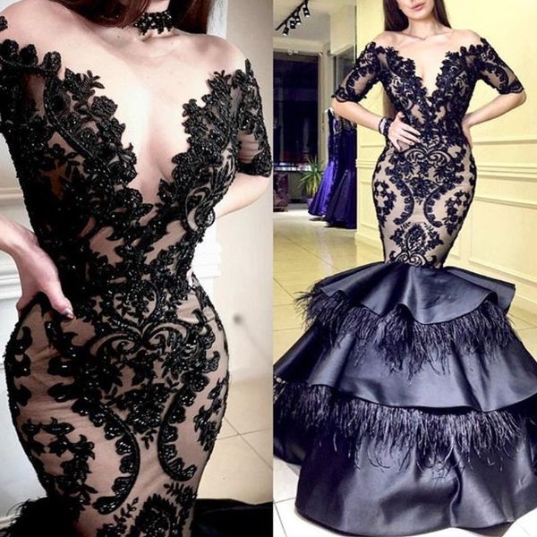 

ravishing tiered feather prom dress sheer jewel lace applique beads short sleeve mermaid prom dresses evening gown vestidos de fiesta, Black