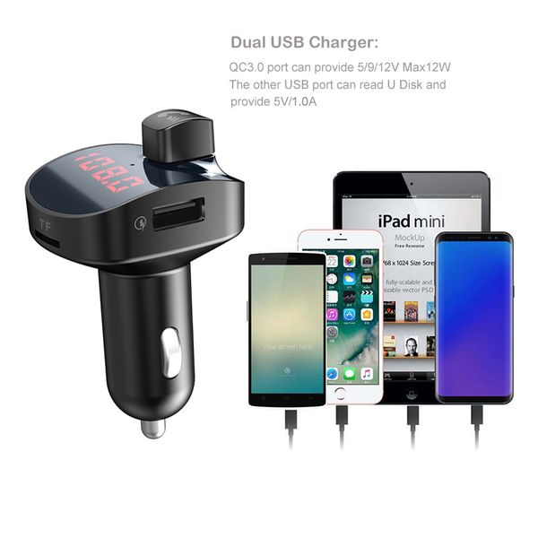 

bluetooth car fm transmitter car kit mp3 player with quick charger 3.0a dual usb support ape mp3 wav flac from tf or u disk