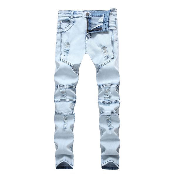 

2018 new high street men's wear, shallowly blue, blue elastic jeans, full cotton body repair personality fashion men's trousers