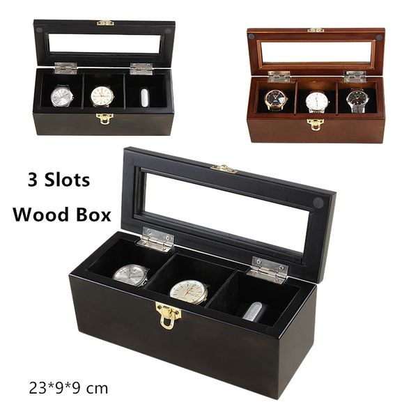 

han 3 slots wood watch box fashion quanlity watch storage case with lock new wooden display jewelry gift boxes c018, Black;blue