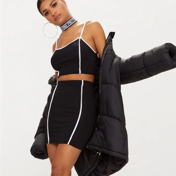 

Cotton 2 Two Piece Set Women Summer Black Sexy Crop Top and Skirt Set Casual Strapless Outfit Tracksuit Party Club Wear Female