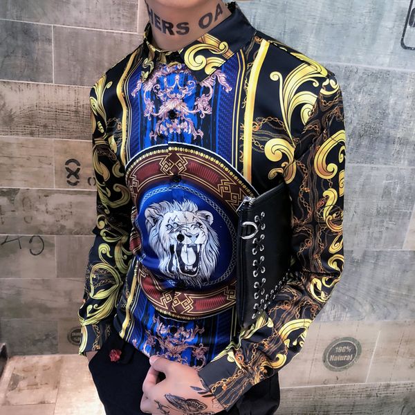 

Lion Print Shirts Mens Gold Floral Blouse Mens Baroque Shirts Royal Slim Fit Korean Fashion Clothing Club