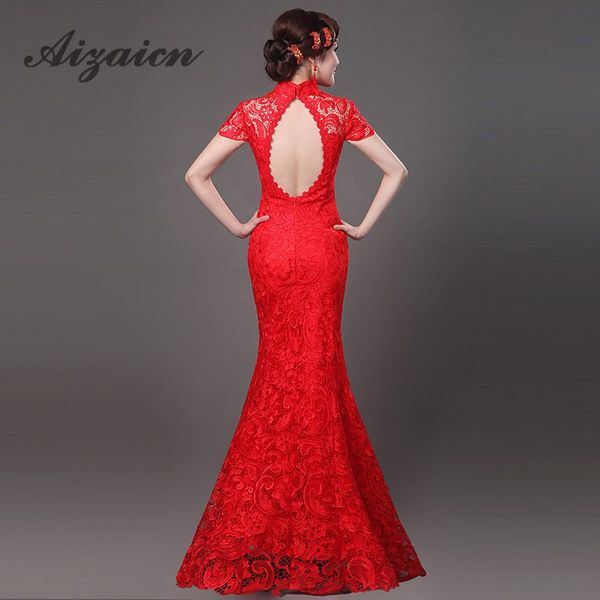 

cheongsam red lace backless modern qipao dress chinese oriental dresses traditional wedding gowns long qi pao ing