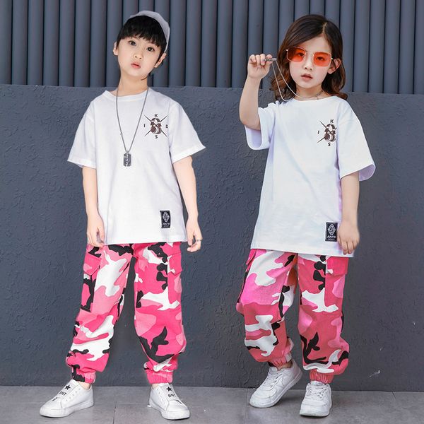 

kids loose ballroom jazz hip hop dance competition costume for girl boy white t shirt camouflage pants dancing clothing clothes, Black;red