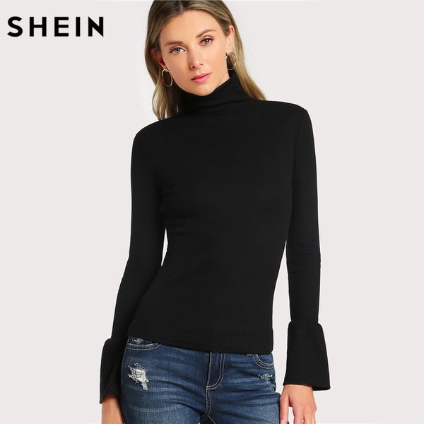 

wholesale-shein bell cuff rib knit fitted tee shirt autumn women's long sleeve black high neck work elegant t-shirt top, White