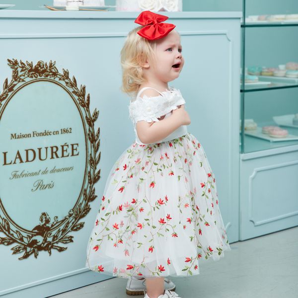 

baby little girl prom dresses strapless shoulder embroidery long frock baby girl dresses party and wedding, Red;yellow