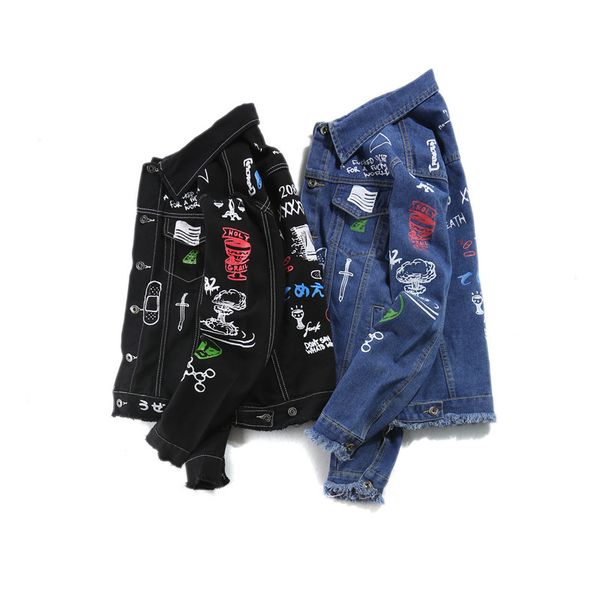 

graffiti hiphop rap jean jackets for men spring autumn clothing wear coats slim fit jacket, Black;brown