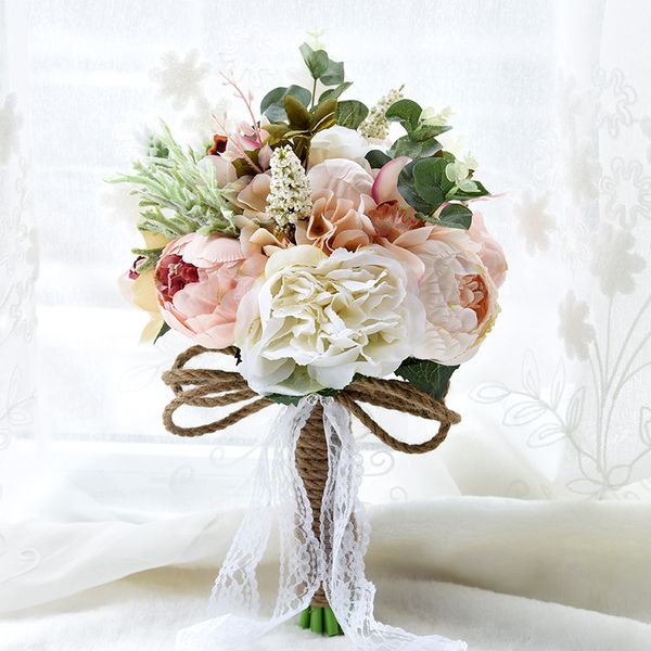 

cream pink bridal wedding bouquet wedding decoration artificial flower lace bridesmaid bridal hand holding brooch flowers cpa1540