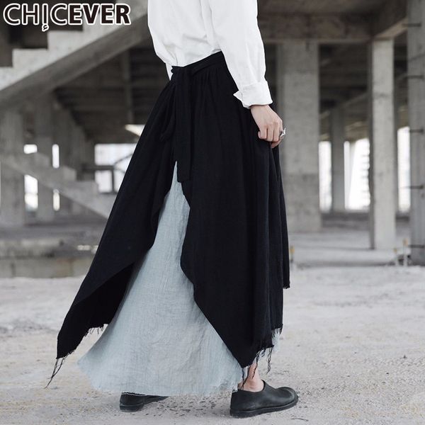 

chicever vintage patchwork tassel female midi skirt women loose big size high waist asymmetrical autumn skirts fashion casual, Black