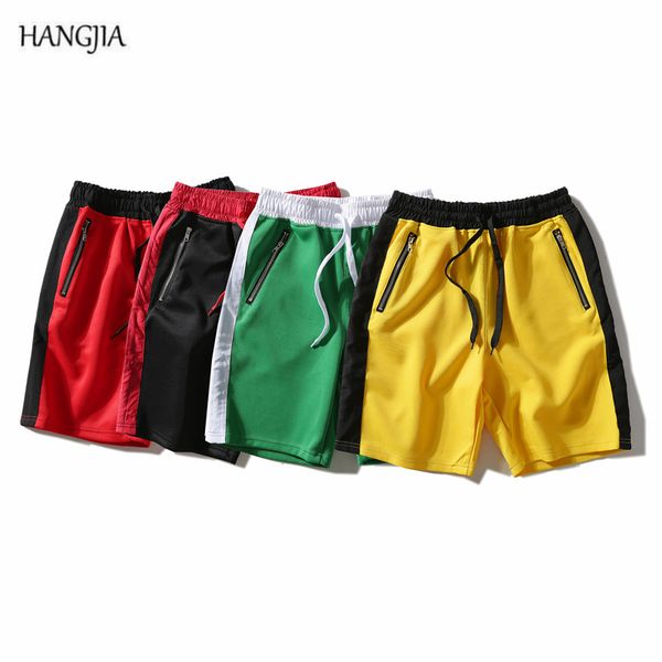 

hangjia] high street men's side zipper casual shorts hit color stitching summer loose casual shorts youth hip-hop knee length, White;black
