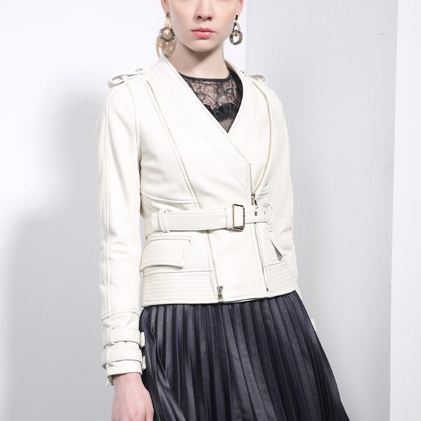 

women 2018 streetwear jacket real sheepskin white belt korean fashion moto&biker genuine leather female coats korean outerwear, Black