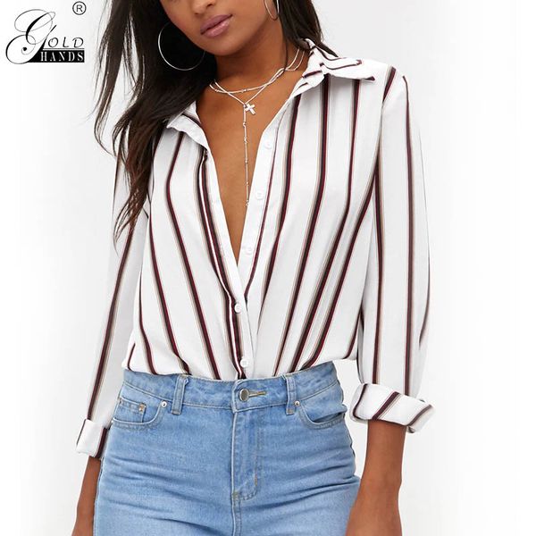 

gold hands summer autumn fashion lady o-neck long sleeves print casual shirts striped spliced polyester shirt ing, White