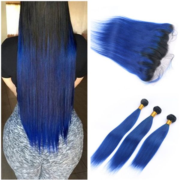 Ombre Dark Blue Human Hair Bundles Straight With Frontal 1b Blue