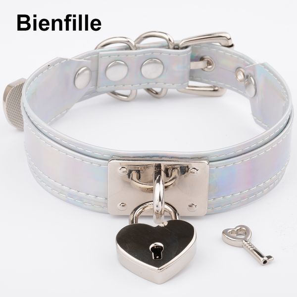 

whole salecool women harajuku lolita holographic necklace punk silver heart collar laser leather choker with lockable key collar punk men, Golden;silver