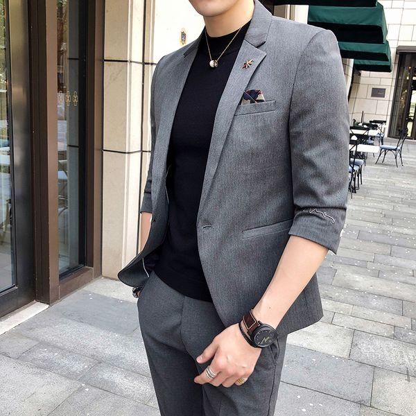 

pants) men's self-cultivation fashion wild embroidery summer business club barber seven-sleeved leisure suit tide, White;black