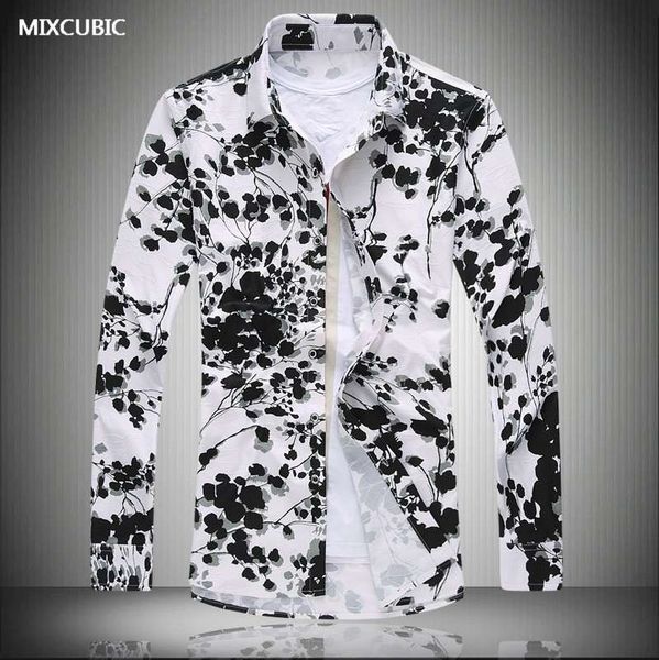 

mixcubic 2017 autumn mercerized flowers printed shirts men loose floral printing glossy long-sleeved shirts men,large size -7xl, White;black