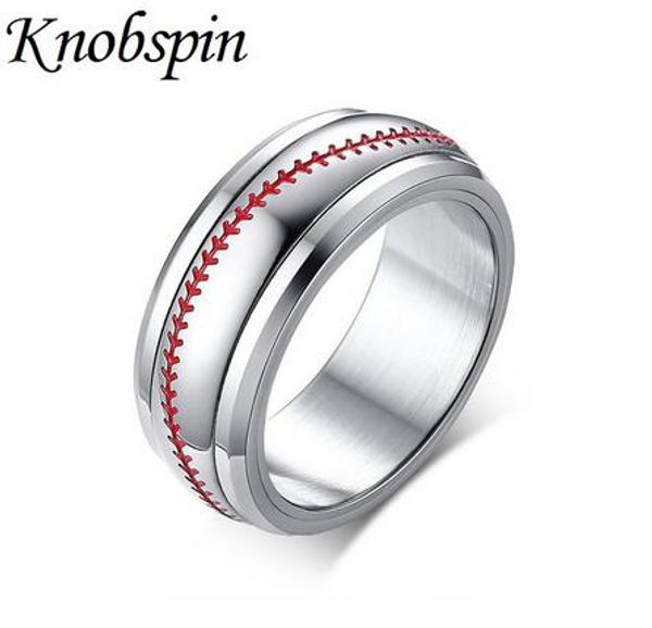 

men's silver tone baseball wedding bands ring red stitching with stainless steel sports softball dome rings comfort fit 8mm, Golden;silver