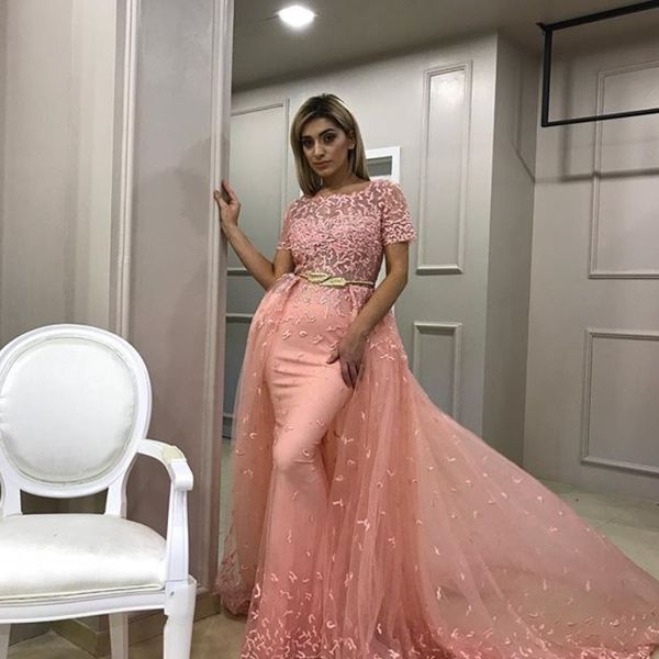 

mermaid long prom dress with overskirt sheer neck short sleeve beads lace applique party gown glamorous golden sash tulle evening dress, Black