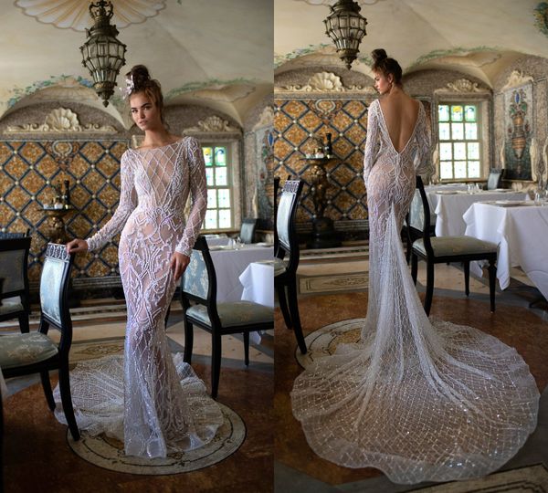 2019 Berta Mermaid Gelinlik Illusion Sequins Boncuklu Mahkemesi Tren Uzun Kollu Gelin Törenlerinde Seksi Backless Artı Boyutu Gelinlik