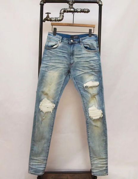 

men skinny distressed knee white ribbed patch jean slim fit, Blue