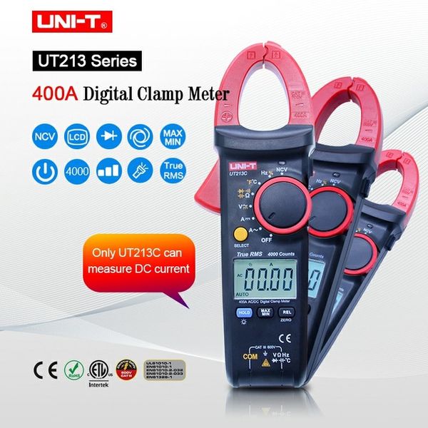 UNI-T UT213A UT213B UT213C 400A pinza amperometrica TRMS AC DC corrente Tensione resistenza capacitanza temperatura tester NCV funzione torcia