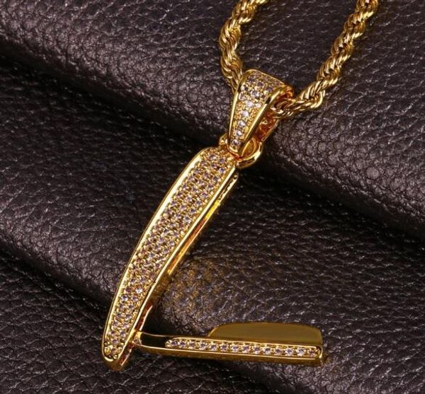 

горячая bling king cz парикмахерская бритвы подвески обледенелый bling цирконий складной салон бритья мокрый складной перерезать горло нож в, Silver