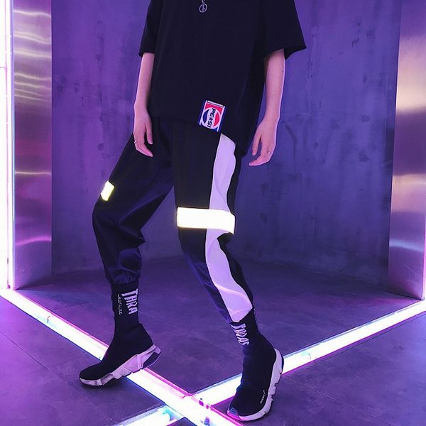 

Side triped reflective men pnat cotton harem hip hop ca ual jogger weatpant trou er male treetwear fa hion men gym fit track pant
