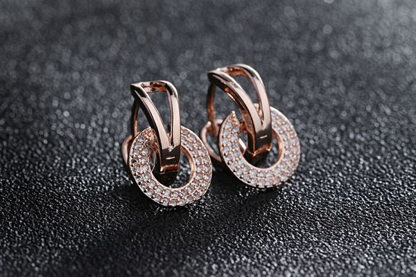 

whole saleshuangr brand 2017 unique round drop piercing small huggie hoop earring for women rose gold color earing round cz jewelry, Golden;silver