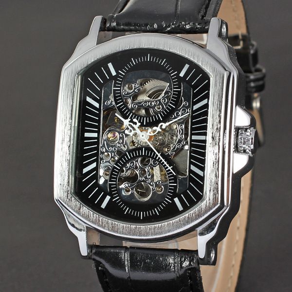 

d46 luxury mens automatic watches & mechanical watch male leather, Slivery;brown