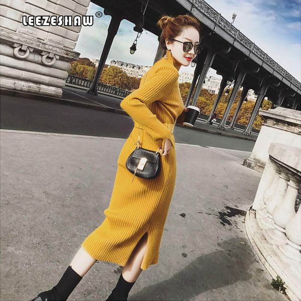

elegant slim warm women side split sweater dress 2018 autumn winter long bodycon dresses with belt stretch knitted dresses, White;black