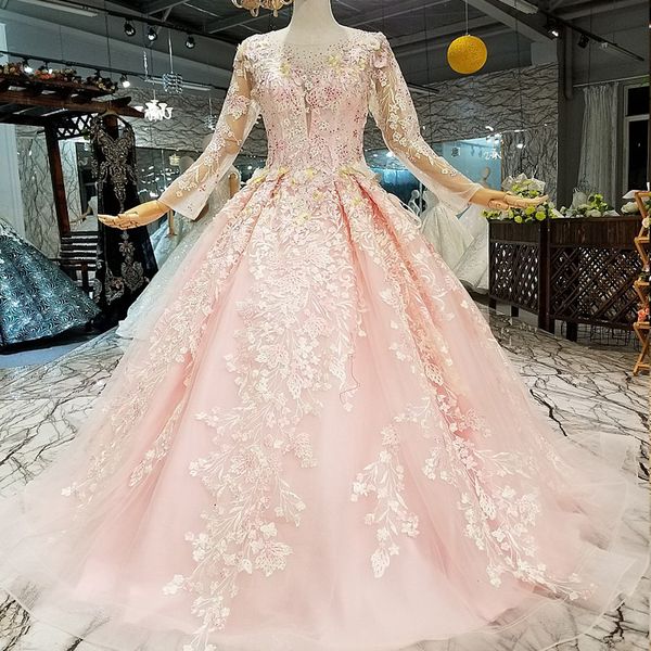 

2019 pink evening dresses long tulle sleeves o neck lace up colored flowers floor length princess girl simple dresses real price, Black;red