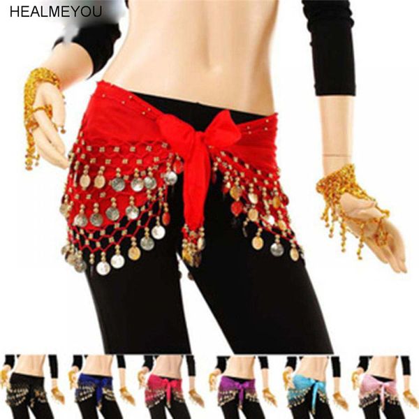 

beauty women lady belly dance hip skirt scarf wrap belt hipscarf with gold coins, Black;red