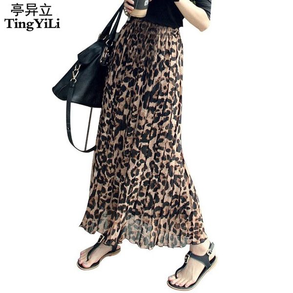 

tingyili summer women long leopard print skirt elastic high waist chiffon pleated slim fit casual maxi skirt, Black