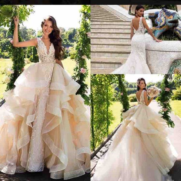 

ruffled tulle princess wedding dresses detachable skirt deep v-neck backless lace bridal gowns vestidos de noiva 2019 new custom w753, White
